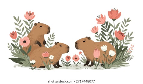 Tres capibaras interactuando en un exuberante jardín lleno de Grandes flores rosas y blancas y hojas verdes sobre blanco.