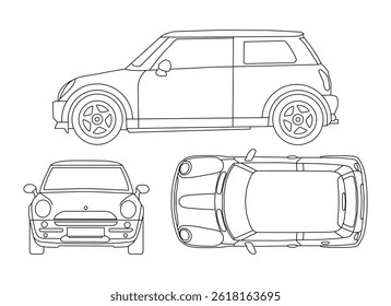 Three car concept outline views side front top