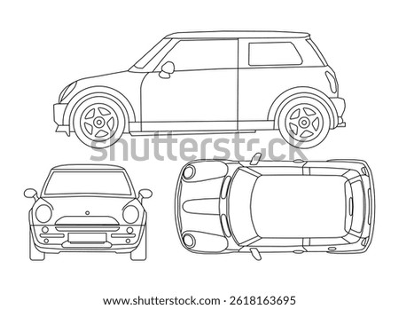 Three car concept outline views side front top
