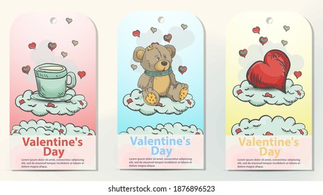 three card layouts for the valentines day design, an illustration in the style of childrens doodles, on the clouds are located, a toy teddy bear, a drink mug, and a red heart