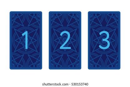 Three card tarot spread. Reverse side. Number 1, 2, 3