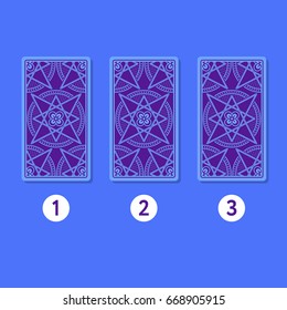 Three card tarot spread. Reverse side. Number 1, 2, 3. Vector illustration