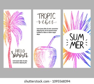 Three card templates with colorful summer elements. Palm, coconut cocktail, plant leaf.