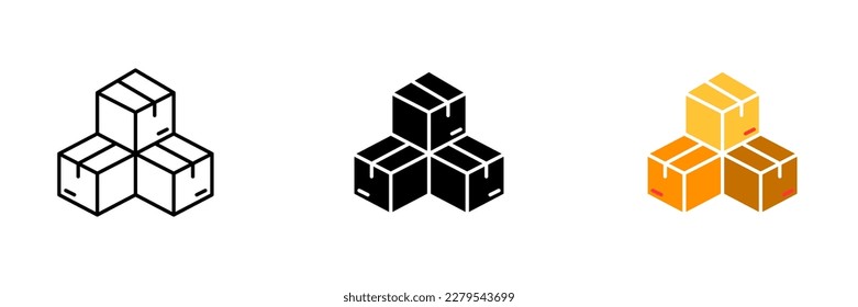 Three cardboard boxes are stacked on top of each other. Vector set of icons in line, black and colorful styles isolated.