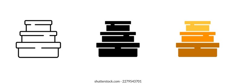 Three cardboard boxes are stacked on top of each other. Vector set of icons in line, black and colorful styles isolated.