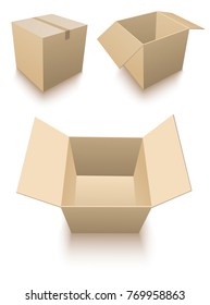 Three cardboard boxes standing on the floor with a shadow
