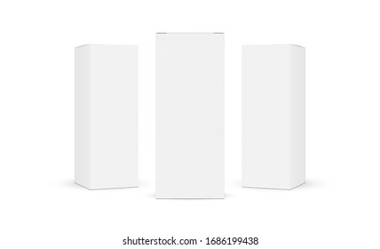 Three cardboard rectangular packaging boxes mockups isolated on white background. Vector illustration