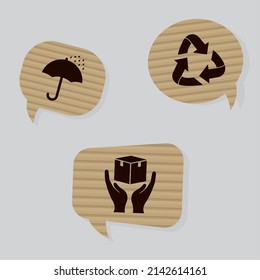 three cardboards box bubbles with symbols