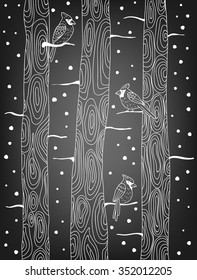 Three cardinal birds perching on trees on  chalkboard background with falling snow. Winter illustration. Vector illustration contains gradient meshes.