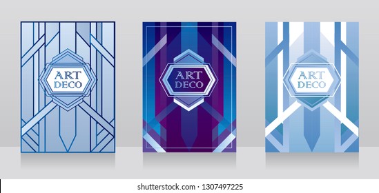 Three cards for art deco style with geometric design, can be used as invitations for retro party, blue colors, vector illustration