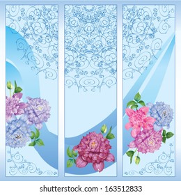 three cards with bright flowers on a blue background
