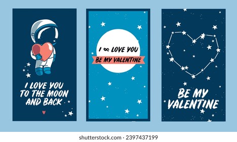 Three cards for cute cosmic valentine's day, vector illustration