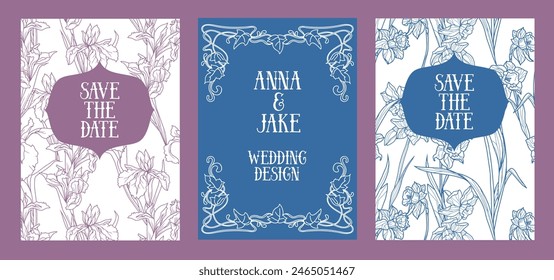 Three cards for elegant garden wedding celebration, floral ornament, vector illustration