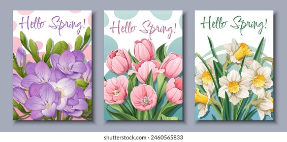 Tres tarjetas con flores con Hello Spring en hermosos diseños de fuentes