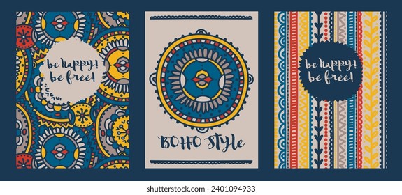 Three cards for happy life in boho style, vector illustration