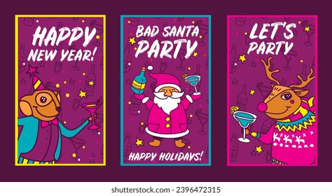 Three cards for happy new year  adult party, vector illustration