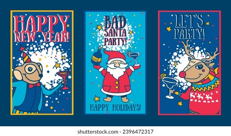 Tres tarjetas para feliz fiesta de adultos de año nuevo, ilustración vectorial