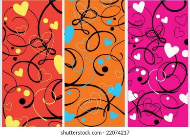 Three cards with hearts and curves