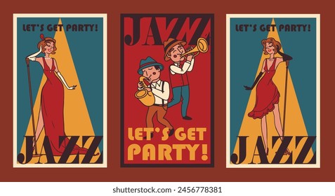 Three cards for jazz club, can be used as jazz party or festival invitations, vector illustration