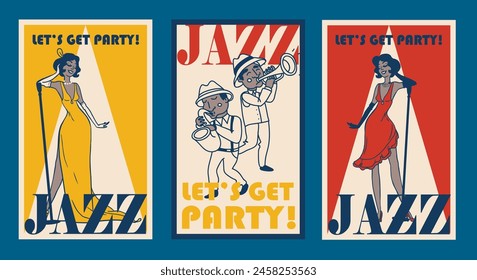 Three cards for jazz club, can be used as jazz party or festival invitations, vector illustration