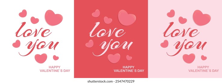 Three Valentine’s cards with the phrase love you, featuring pink hearts on different background colors with Happy Valentines Day text.