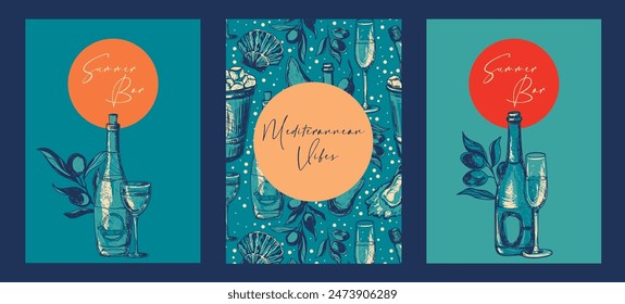 Three cards for summer coast bar with wine and seafood, sketch style vector illustration