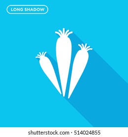 Three carrots vector icon on blue background with long shadow, root