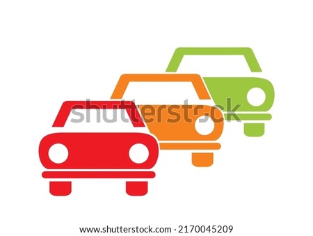 Three cars, column of cars, red, orange and green colors, conceptual vector icon