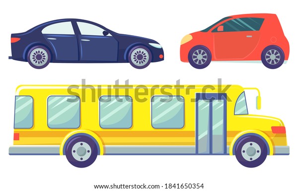 Three cars isolated on white background. Yellow\
large bus and small red microcar. Dark blue colored sedan. Auto to\
drive and get your destination quickly. Vector illustration in flat\
style, cartoon