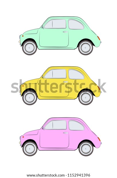 Three cars on white background. Green, yellow and\
pink little retro color\
cars.