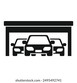 Three cars parking under a carport, simple black and white icon silhouette