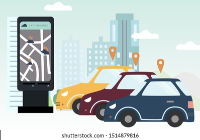 Three  cars for rent on parking area. Smartphone with map and geo tags. City landscape. Carsharing concept for banner, background, web, mobile application, poster. Flat colorful vector illustration