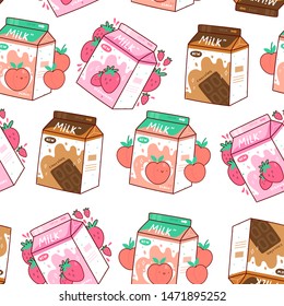 Three cartons of milk. Three various tastes. Chocolate, strawberry and peach. Asian product. Hand drawn colored trendy vector seamless pattern. Kawaii anime design. Cartoon style