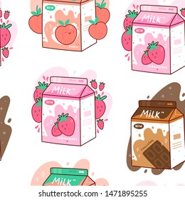 Three cartons of milk. Three various tastes. Chocolate, strawberry and peach. Asian product. Hand drawn colored trendy vector seamless pattern. Kawaii anime design. Cartoon style