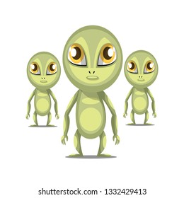 Three cartoon aliens with long arms and big eyes white background vector illustration.