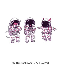 Three cartoon astronauts wearing space suits with animal ears on their helmets, standing in a row on a white background, fun and playful illustration for kids or educational materials about space exploration
