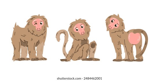 Three cartoon baboons with expressive faces and various poses isolated. Cute character illustrations. Animal clipart for design and print.