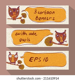 Three cartoon banners with doodle owls and speech bubbles
