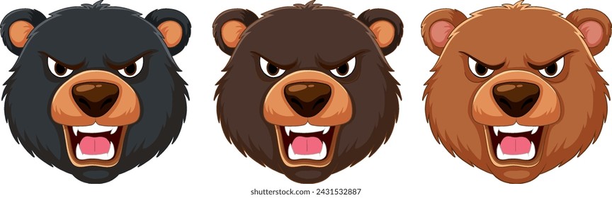 Three cartoon bear heads showing different expressions.