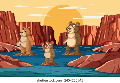 Tres osos de dibujos animados junto al río al atardecer.