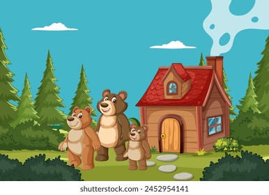 Tres osos de dibujos animados fuera de una acogedora casa de bosque.