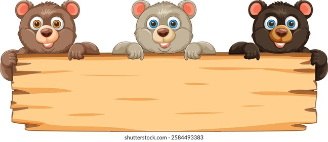 Three cartoon bears peeking over a wooden sign