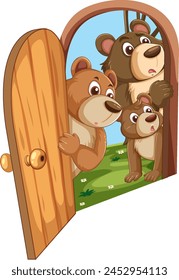 Three cartoon bears peeking through an open door.