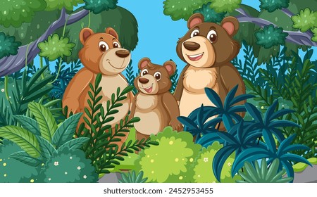 Three cartoon bears smiling among vibrant greenery.