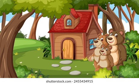 Tres osos de dibujos animados sonriendo cerca de su casa en el bosque.