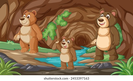 Tres osos de dibujos animados sonriendo fuera de su casa cueva