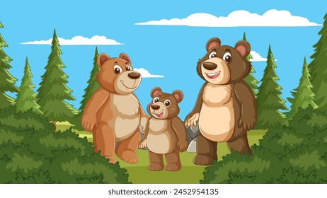 Tres osos de dibujos animados sonriendo en un bosque soleado