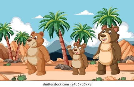 Tres osos de dibujos animados de pie cerca de las palmeras.