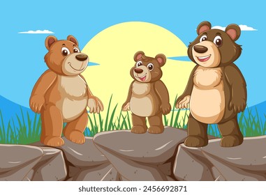 Tres osos de dibujos animados juntos al aire libre