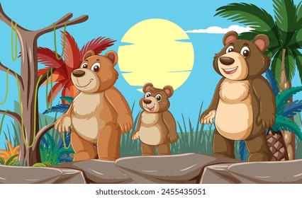 Tres osos de dibujos animados en un entorno de bosque tropical.